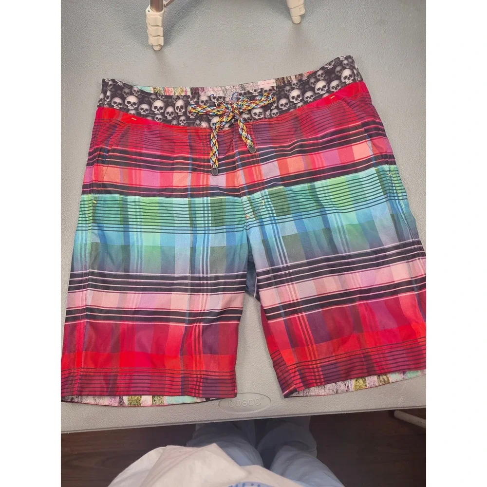 Robert Graham Mens Plaid Skull Waistband Swim Trunks Board Shorts‎ Multicolor 34